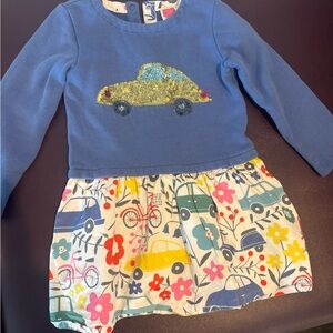 Mini Boden Blue Dress with Glitter Car and Multicolor Skirt
